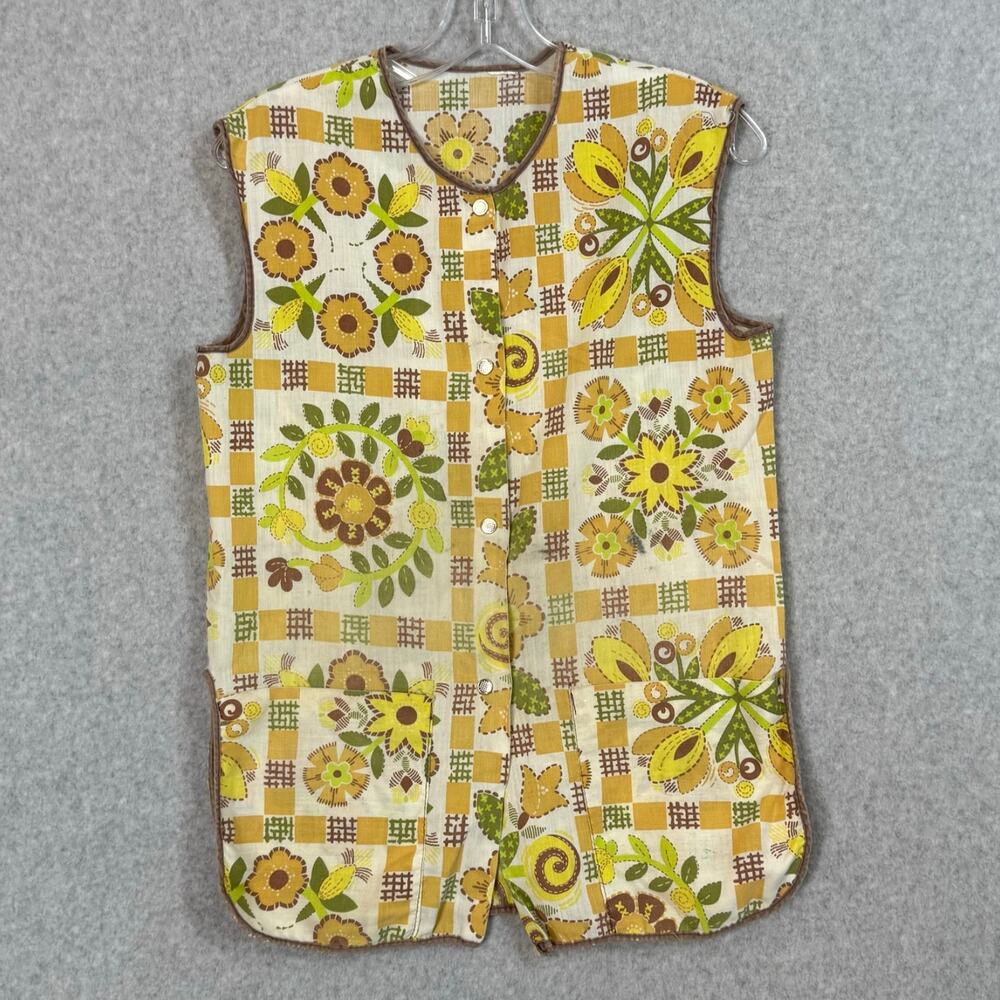 Vtg 70s Childs Snap Front Art Smock Floral Cooking Crafts Mothers Helper Pockets